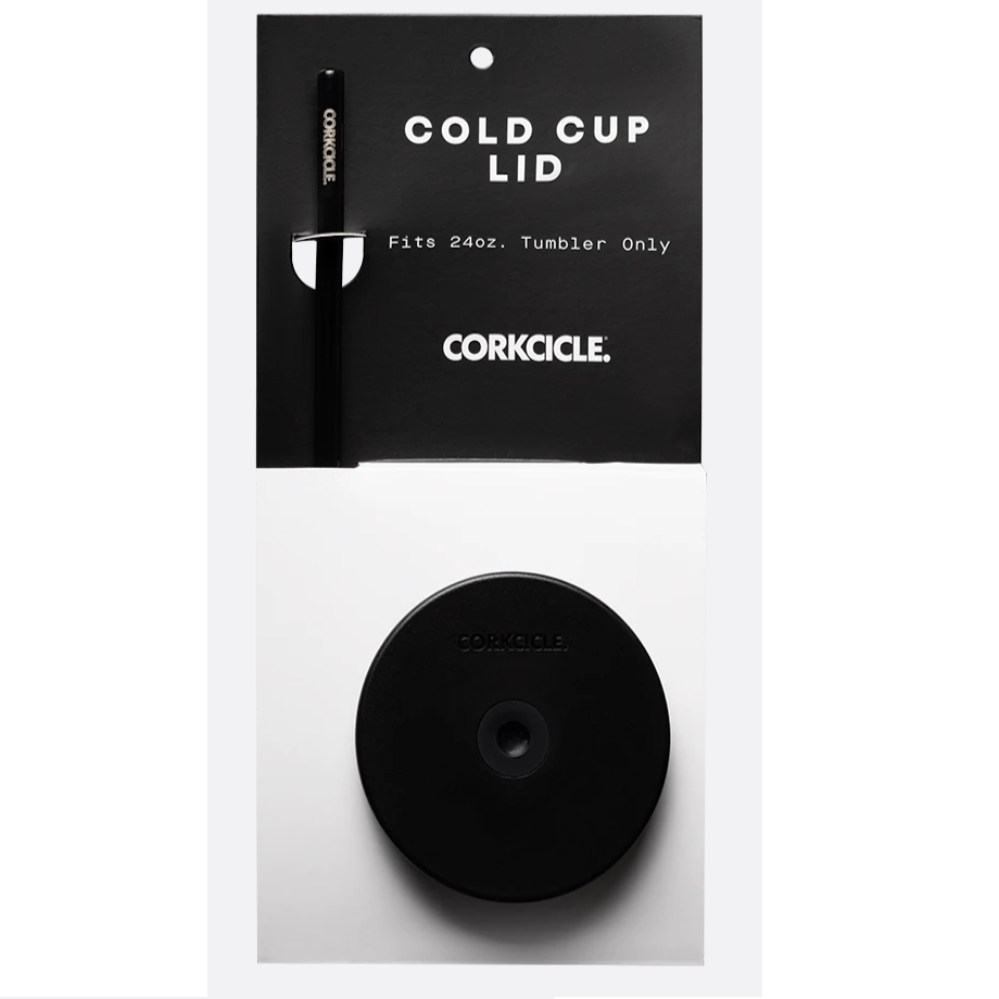 A black Corkcicle 24oz cold cup lid with a straw set in its packaging against a white background.