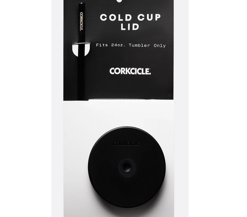 A black Corkcicle 24oz cold cup lid with a straw set in its packaging against a white background.