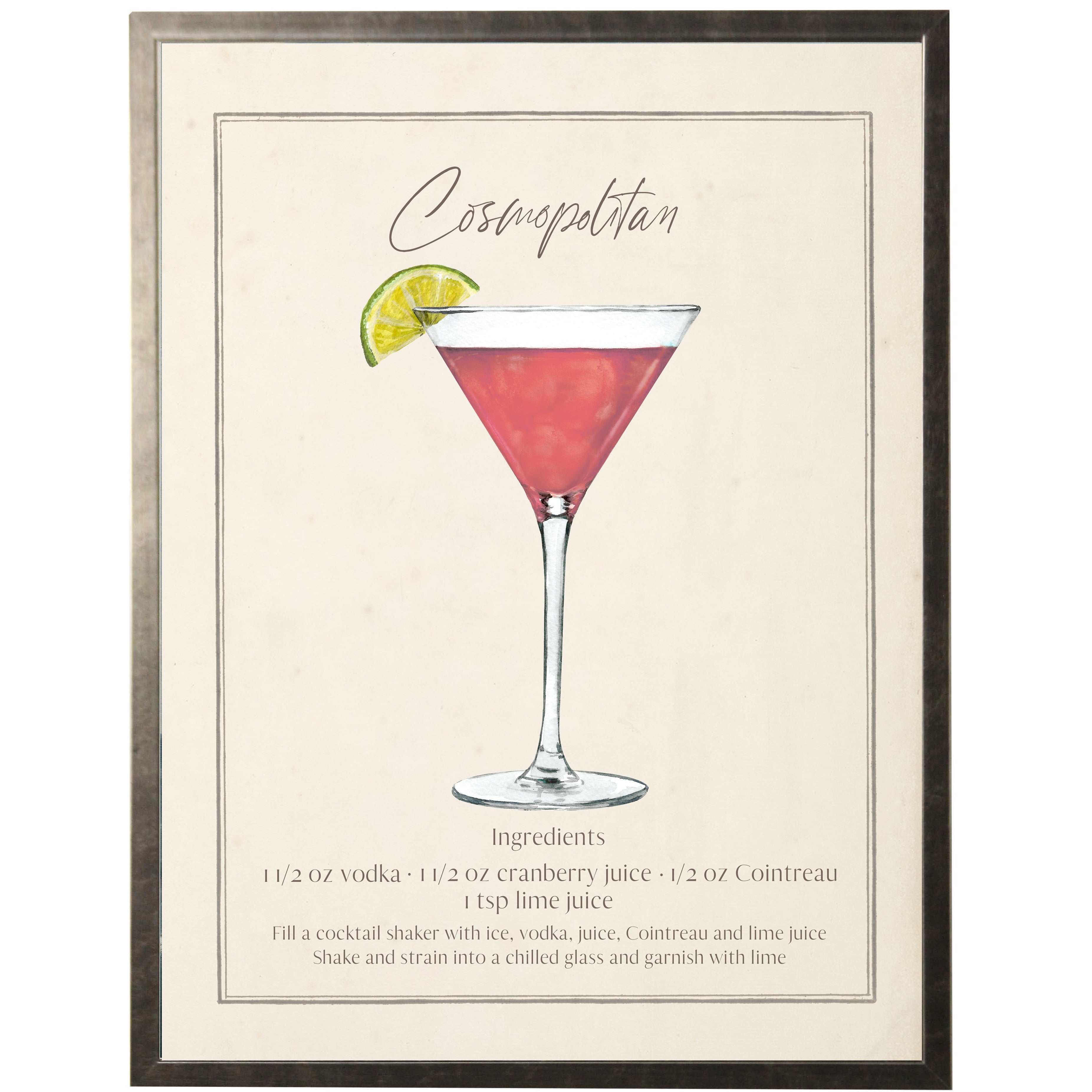 Art print of a watercolor painting of a Cosmopolitan Cocktail and Recipe