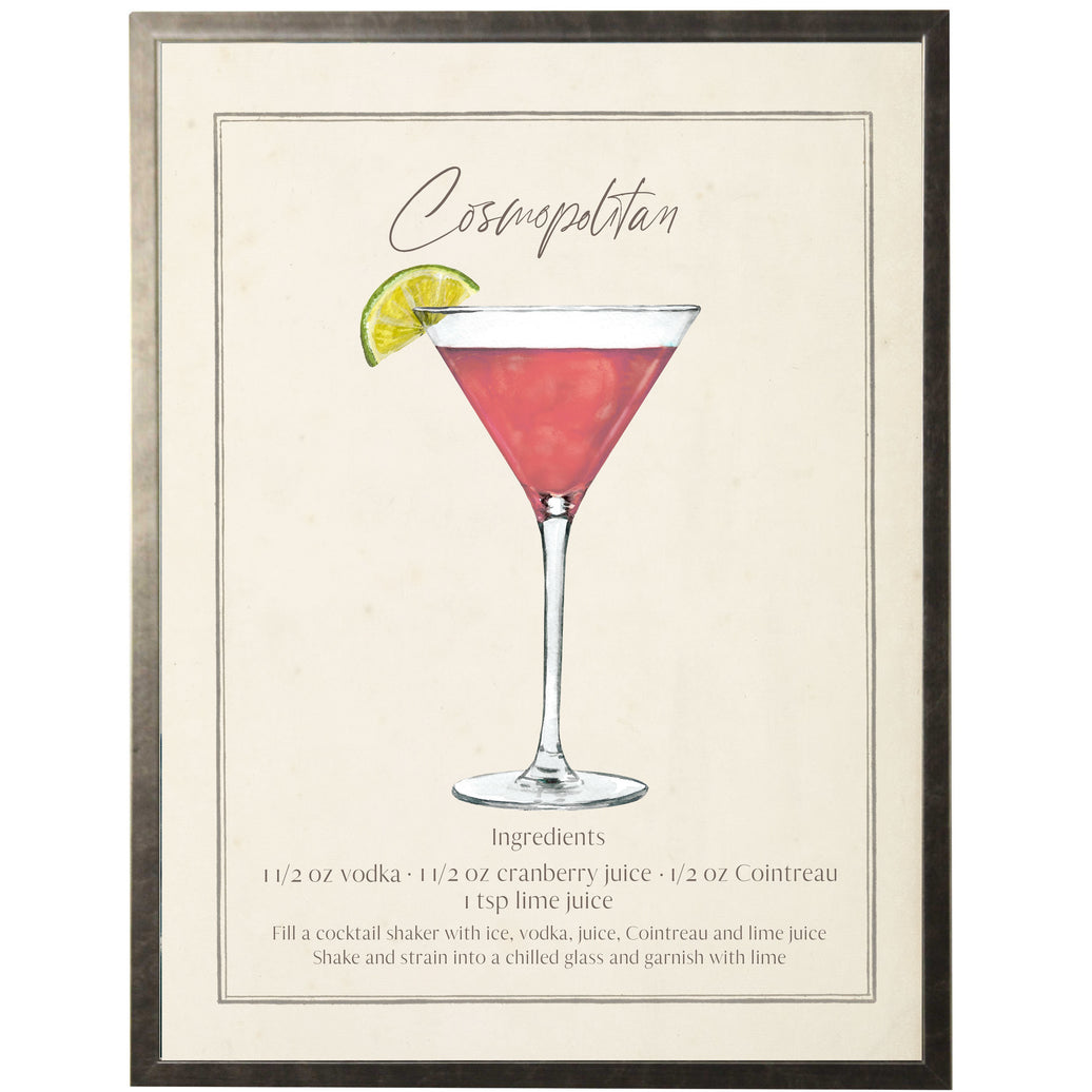 Art print of a watercolor painting of a Cosmopolitan Cocktail and Recipe
