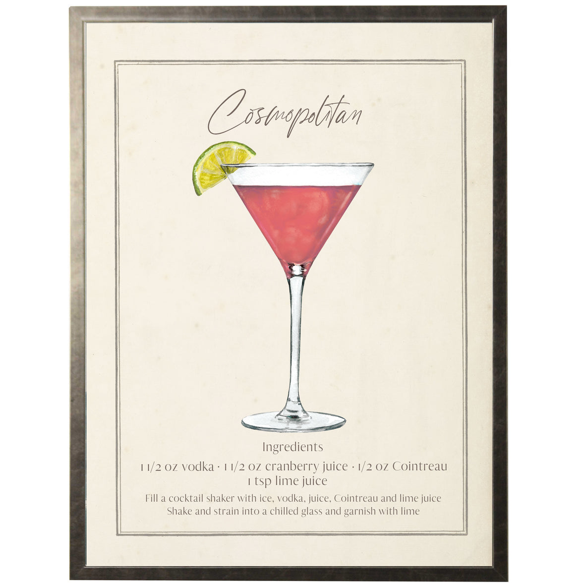 Art print of a watercolor painting of a Cosmopolitan Cocktail and Recipe