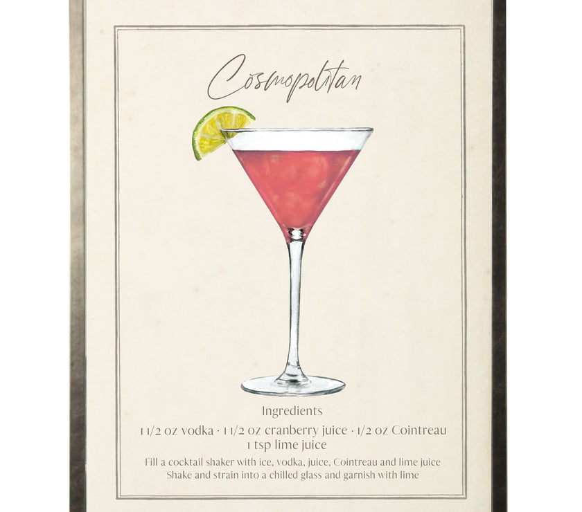 Art print of a watercolor painting of a Cosmopolitan Cocktail and Recipe