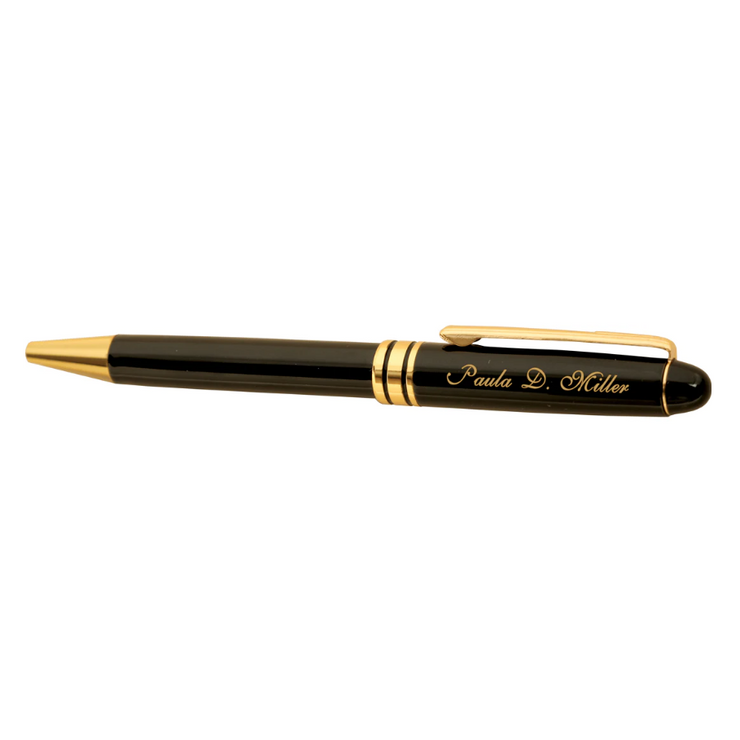 A customizable black metal pen with gold accents and personalized engraving on the side.