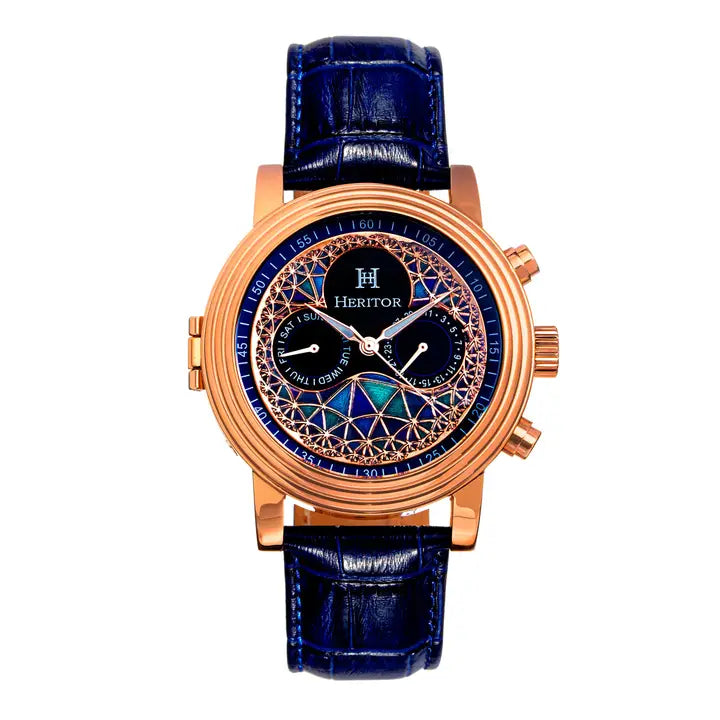 Legacy Leather Band Watch with Day/Dates (Gold with Blue Leather) | Heritor Automatic