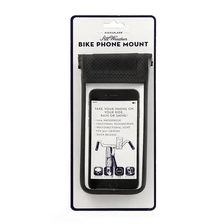 Bike phone mount packaging with an image of a smartphone inside on a white background