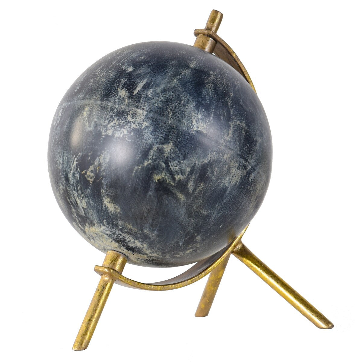 Decorative iron sphere with a gold stand on a white background.