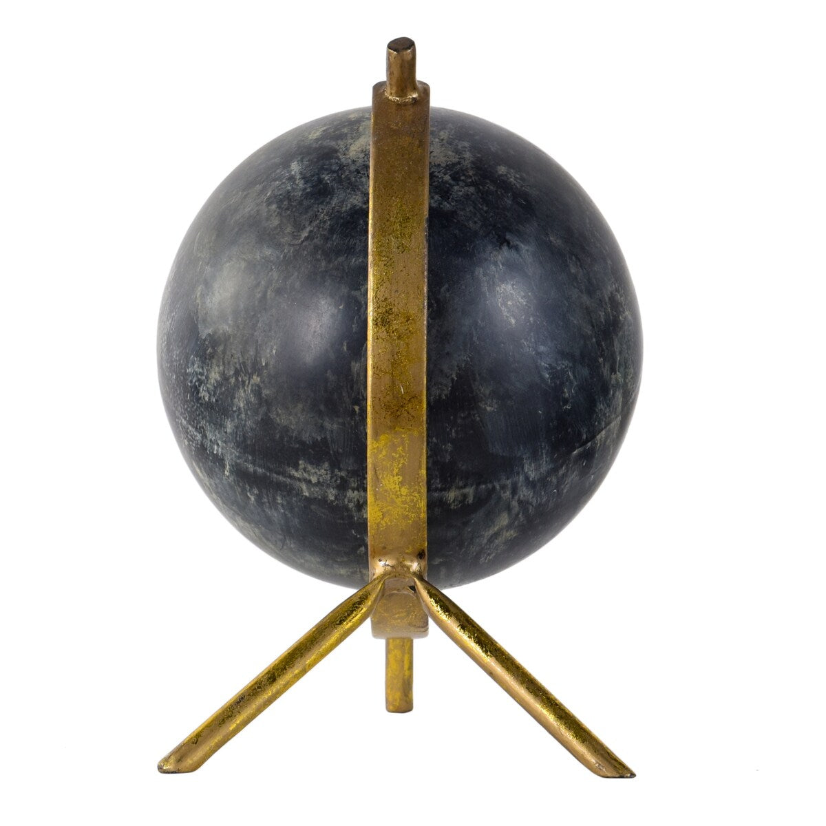 Decorative iron sphere with a gold stand on a white background.