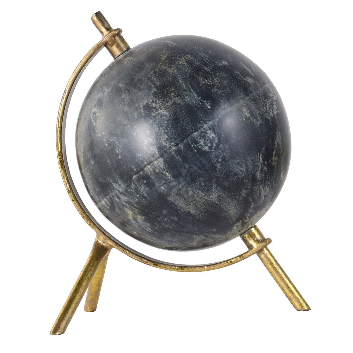 Decorative iron sphere with a gold stand on a white background.