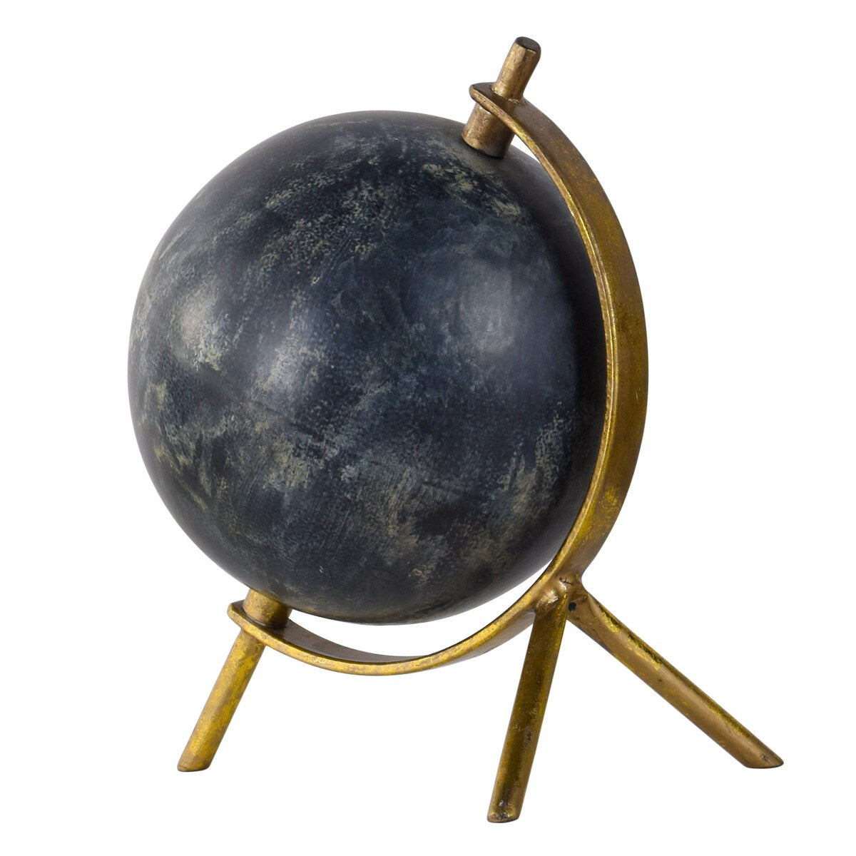 Decorative iron sphere with a gold stand on a white background.