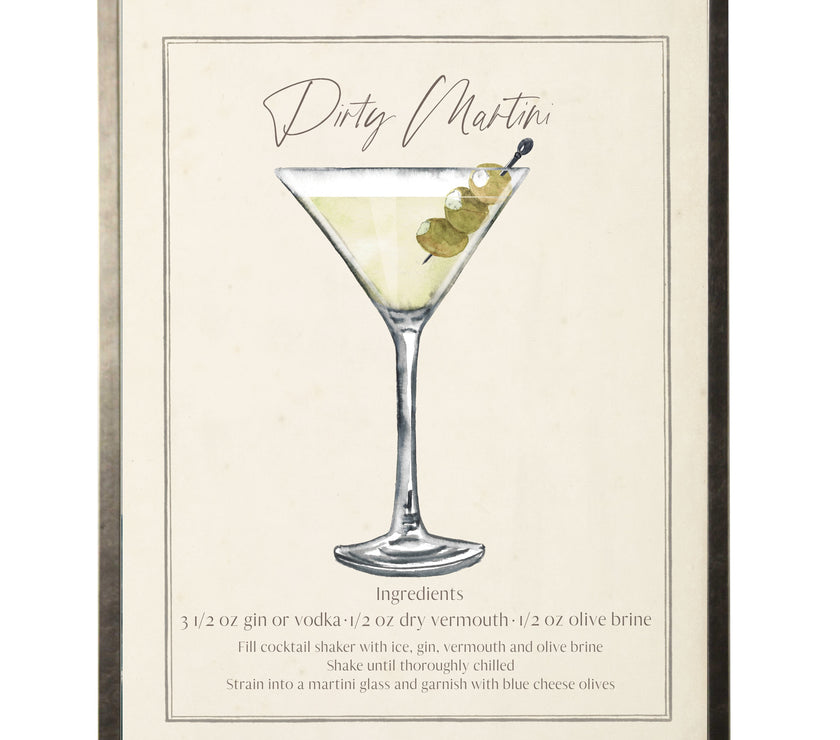 Framed cocktail recipe print for a 'Dirty Martin' with a glass illustration and text.