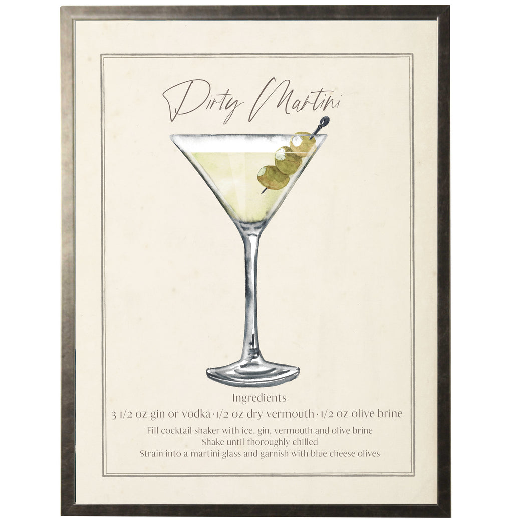 Framed cocktail recipe print for a 'Dirty Martin' with a glass illustration and text.
