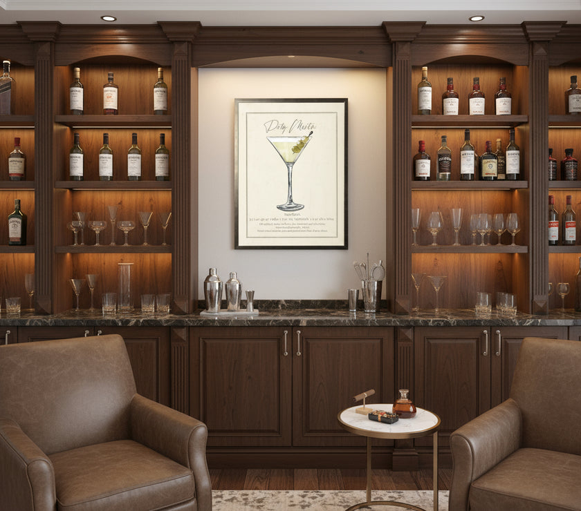 Framed cocktail recipe print with a Dirty Martini illustration on a white background