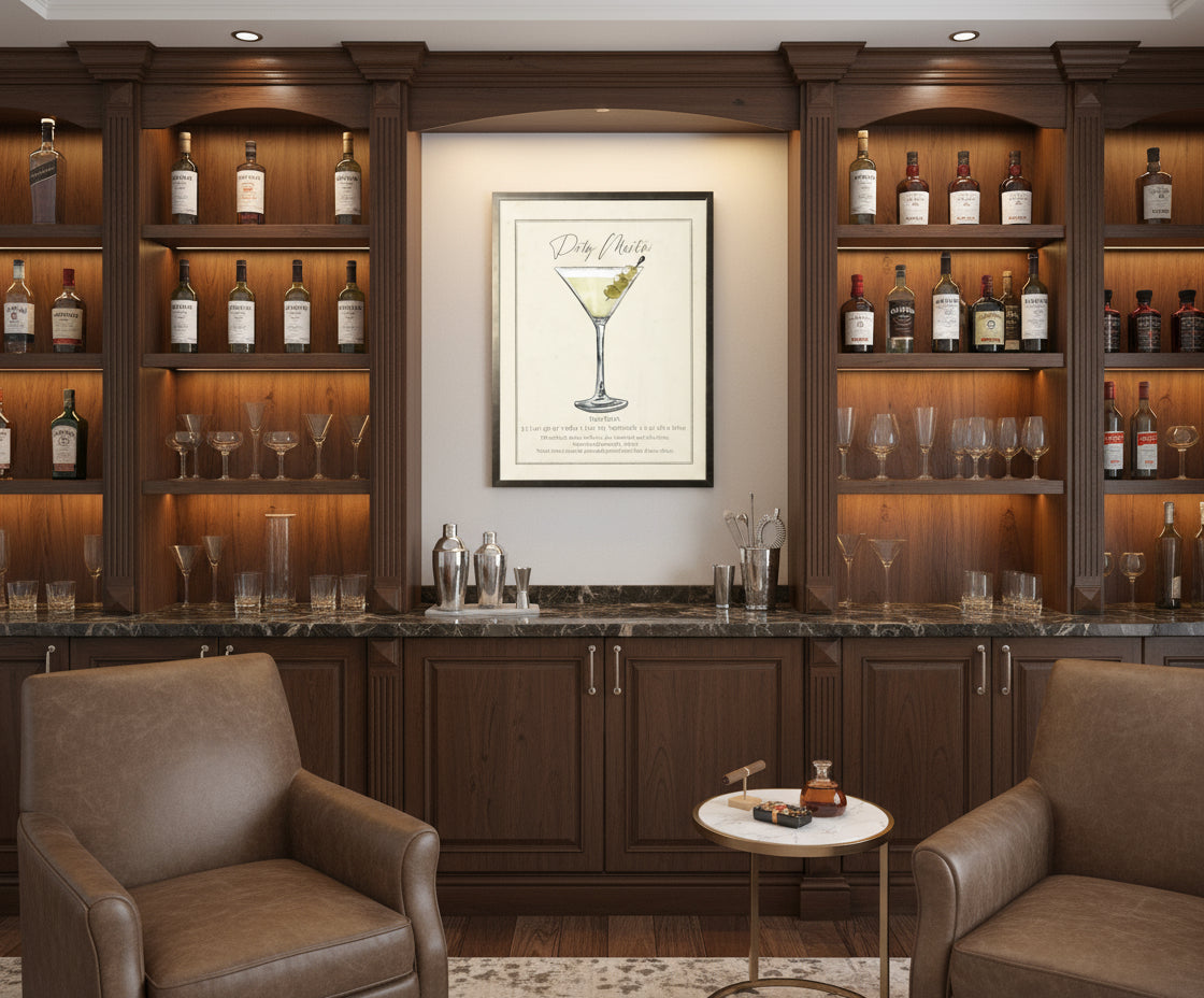 Framed cocktail recipe print with a Dirty Martini illustration on a white background