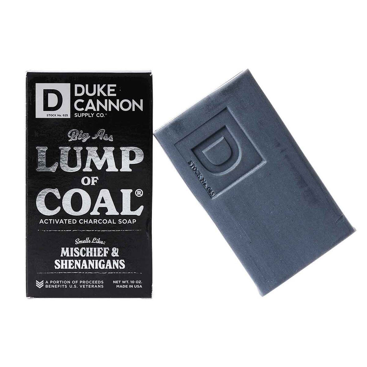 A packaged bar of Duke Cannon Big Ass Lump of Coal soap, with branding and product information displayed on the packaging.