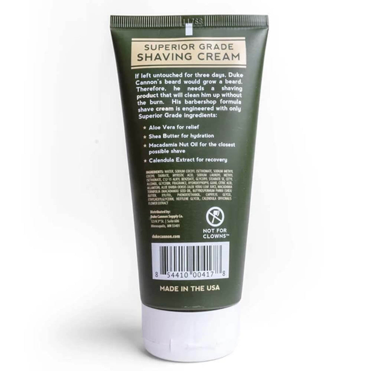 The back of a tube of Duke Cannon Superior Grade Shaving Cream.