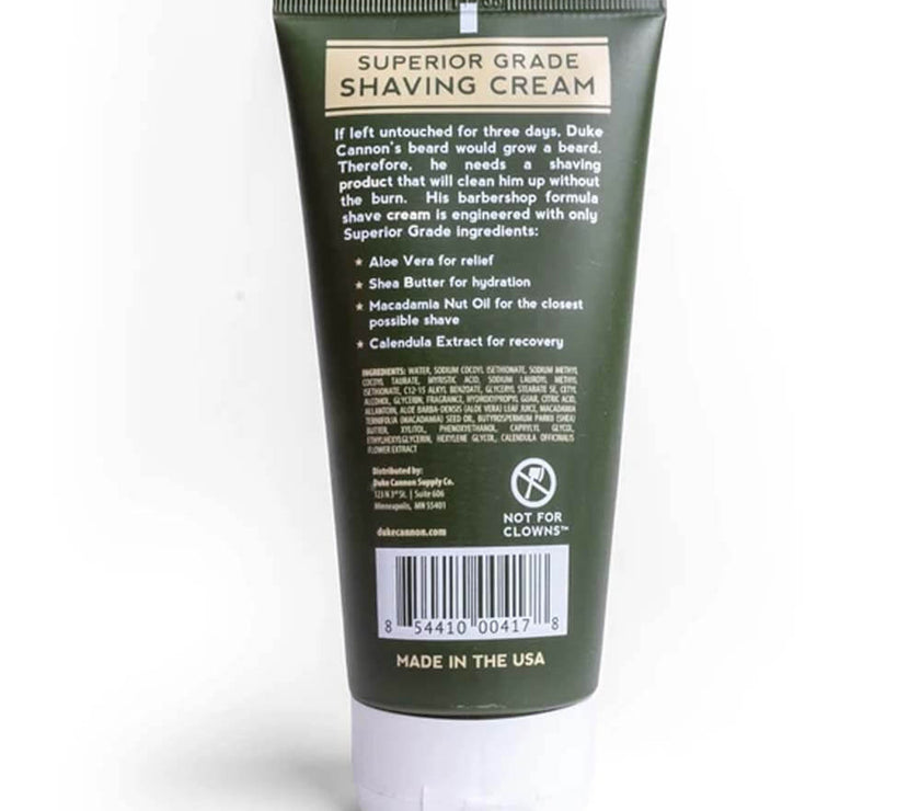 The back of a tube of Duke Cannon Superior Grade Shaving Cream.