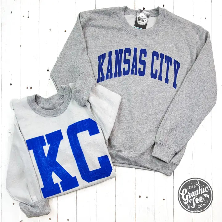 Kansas City Royal Blue Ink Reversible Sport Grey Crewneck Sweatshirt | The Graphic Tee