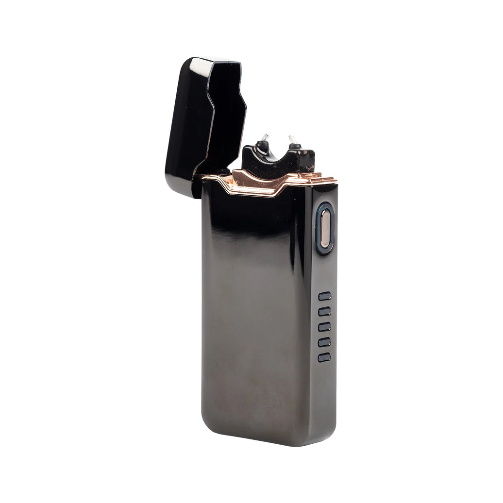 A sleek, black metal lighter with a modern design, featuring a USB charging port.