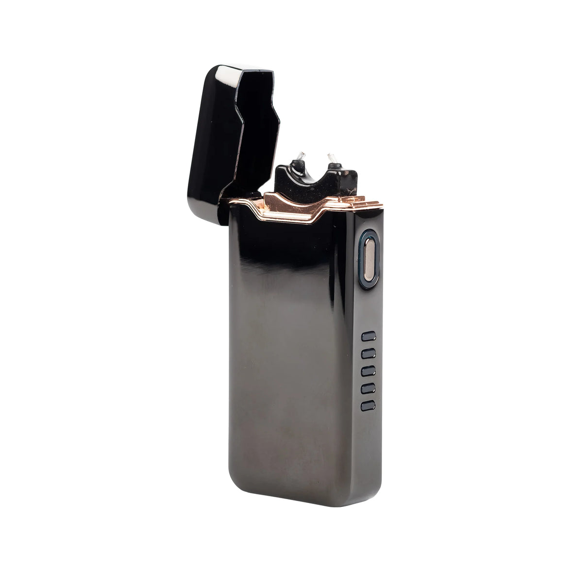 A sleek, black metal lighter with a modern design, featuring a USB charging port.