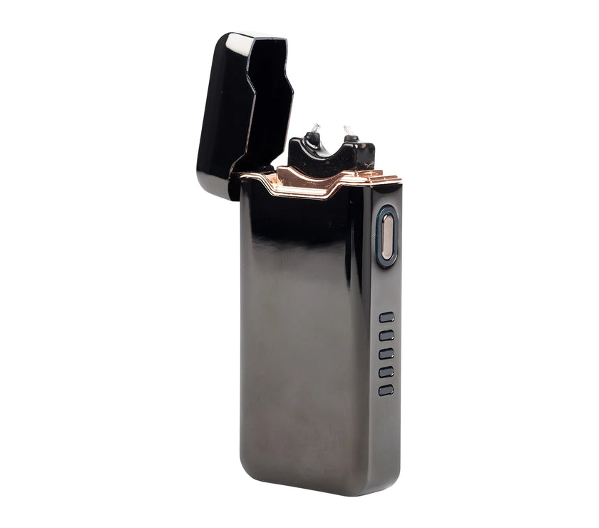 A sleek, black metal lighter with a modern design, featuring a USB charging port.