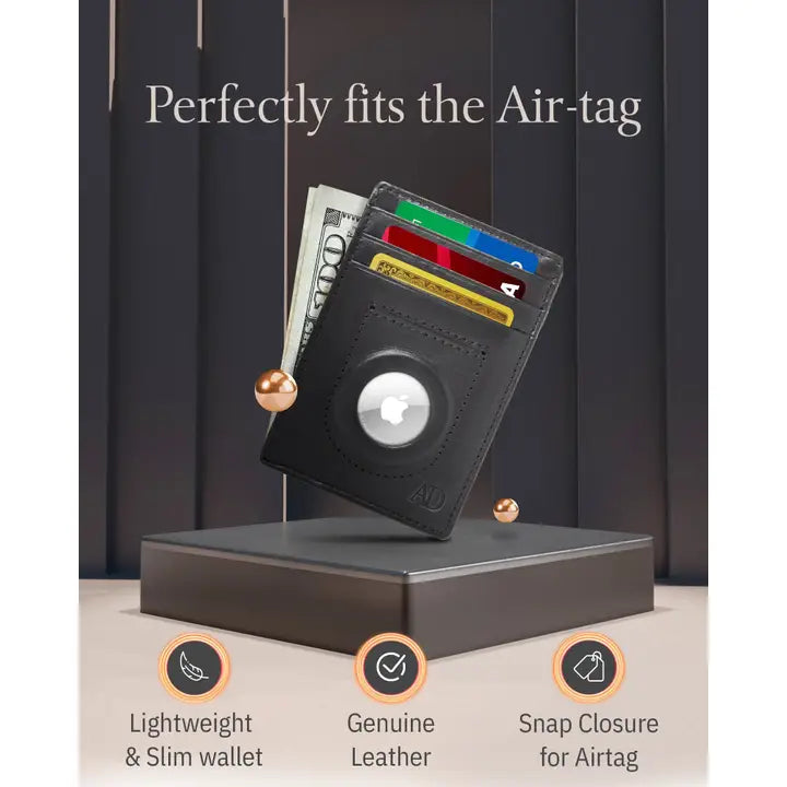 Leather Air Tag Holder Slim Wallets | Men's RFID Card Holder Black (Copy)