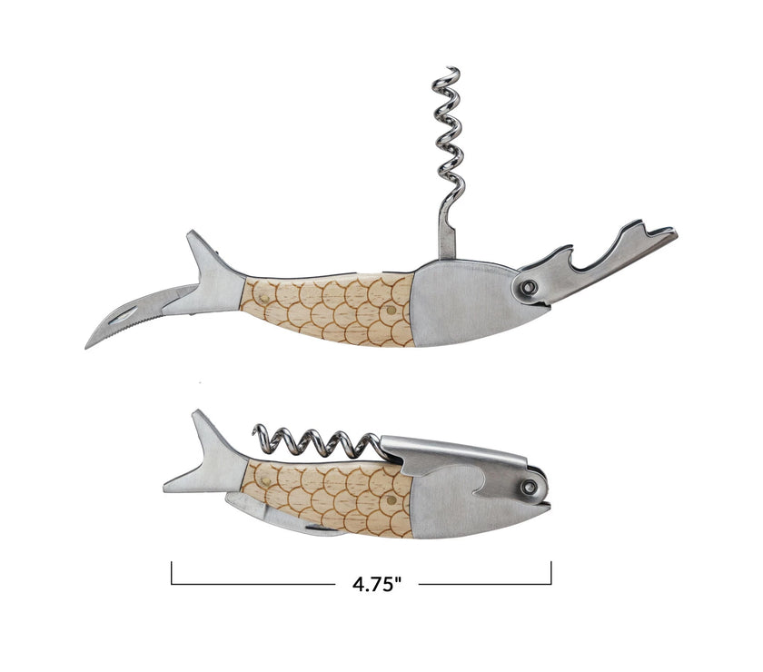 A fished shaped bottle opener with multiple tools including corkscrew, bottle opener, and foil cutter. A second image shows the length of the closed product at 4.75 inches.