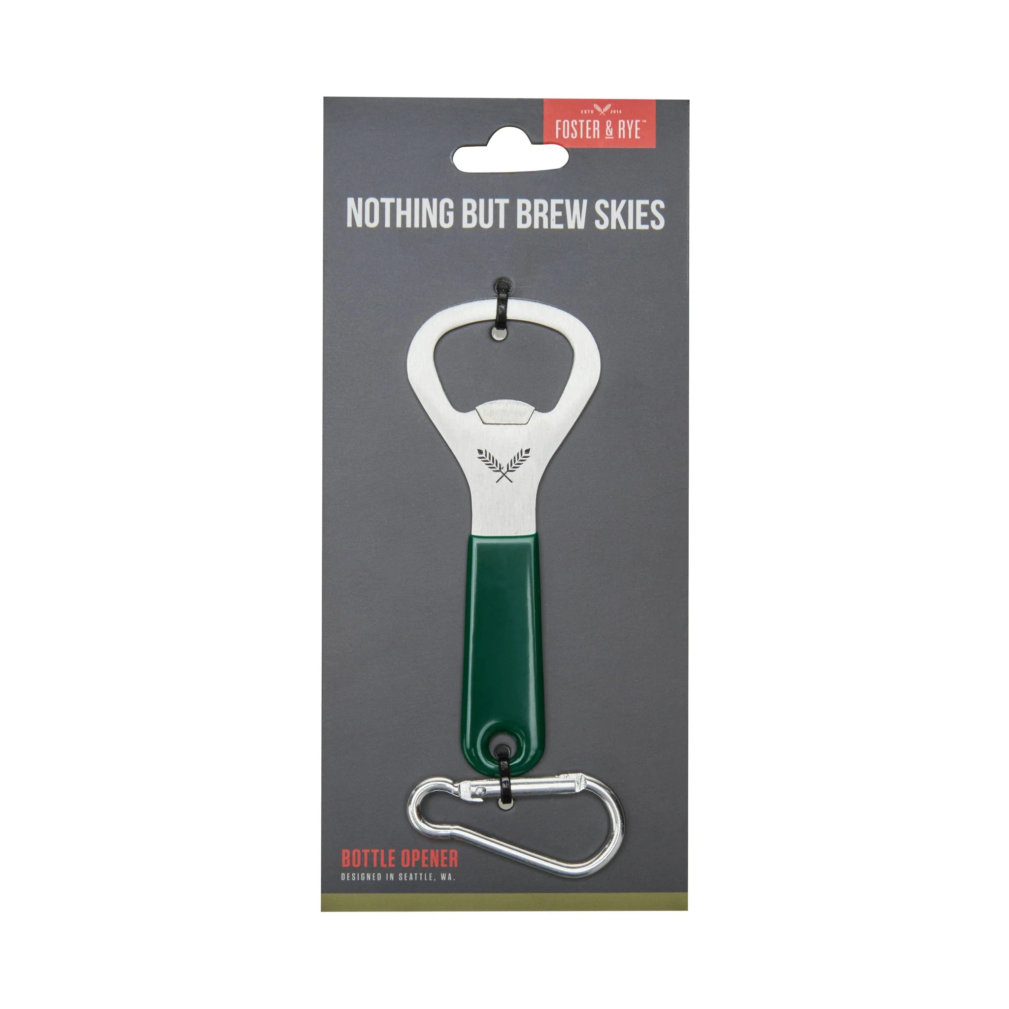 Bottle opener with carabiner on a branded packaging background