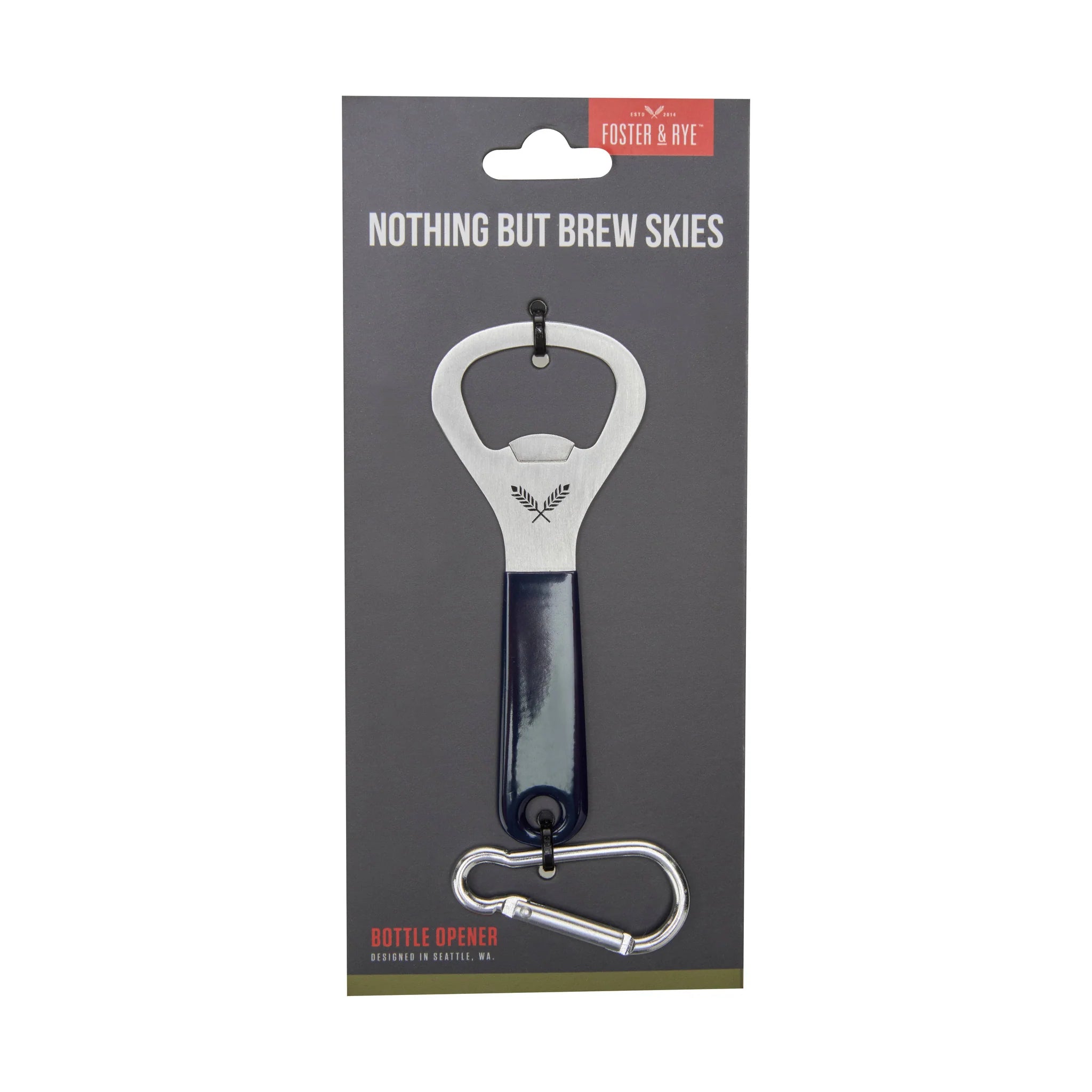 Bottle opener with carabiner on a gray packaging background, featuring 'Foster & Rye' branding.