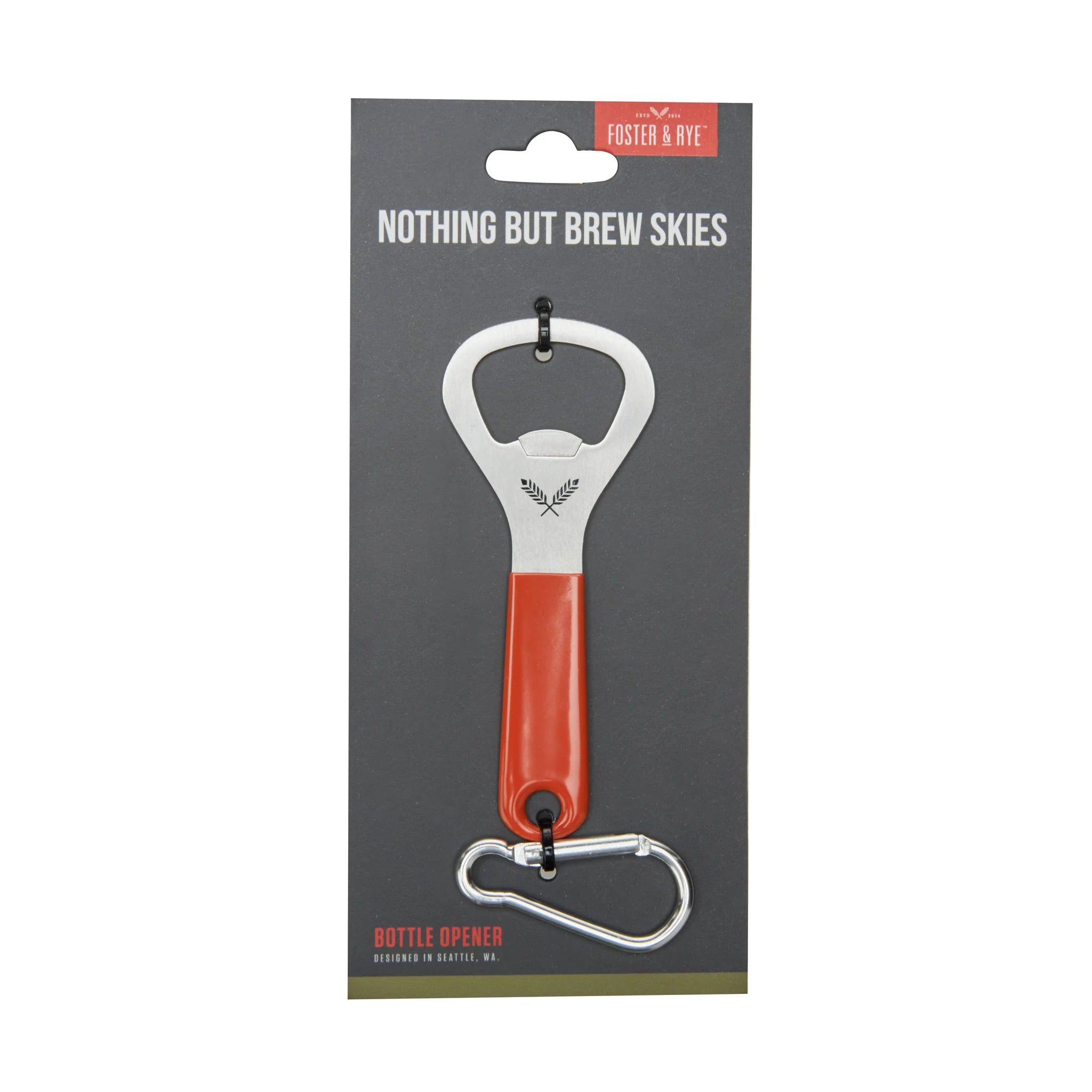 Bottle opener with red handle and silver carabiner on a black background with 'Foster & Rye' branding.