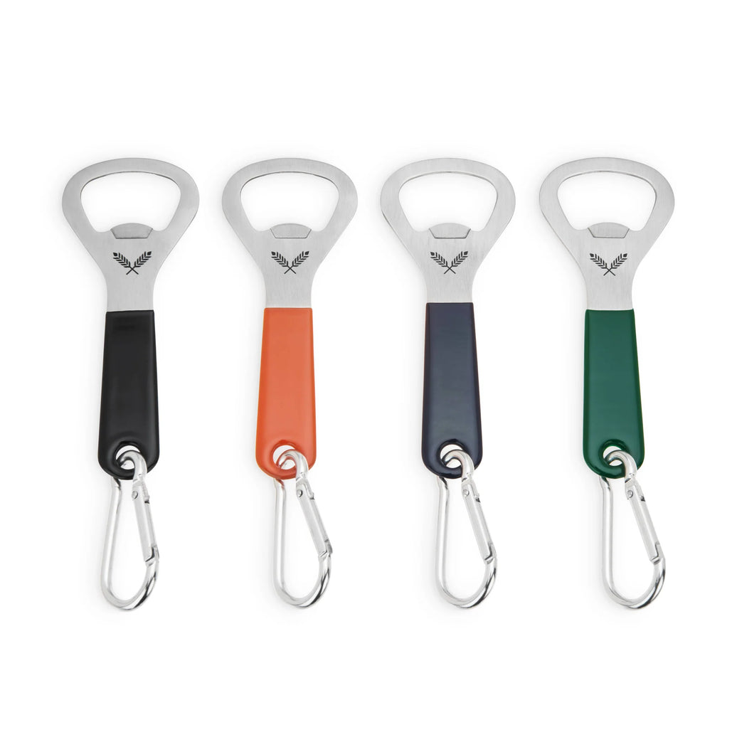 Four bottle openers with colorful handles on a white background