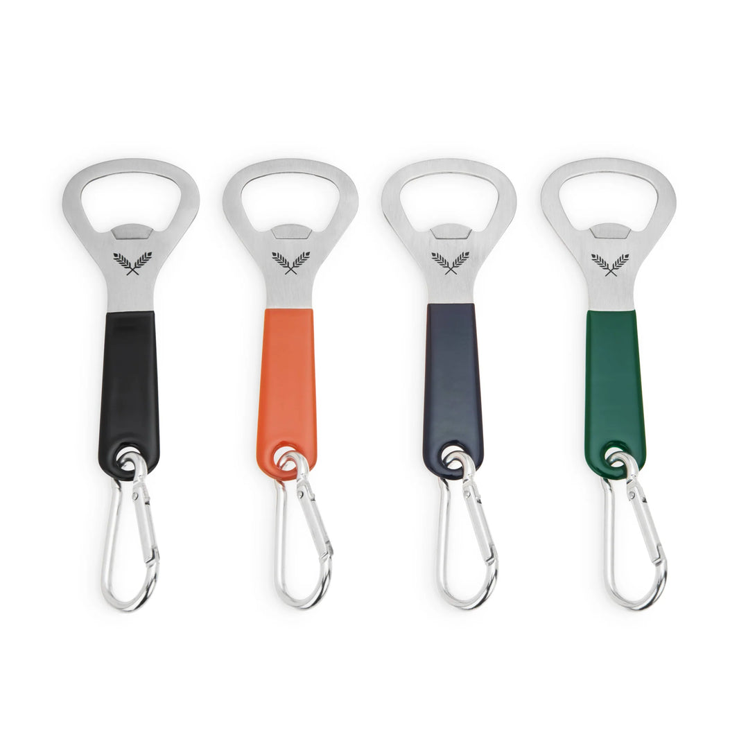 Four bottle openers with colorful handles on a white background