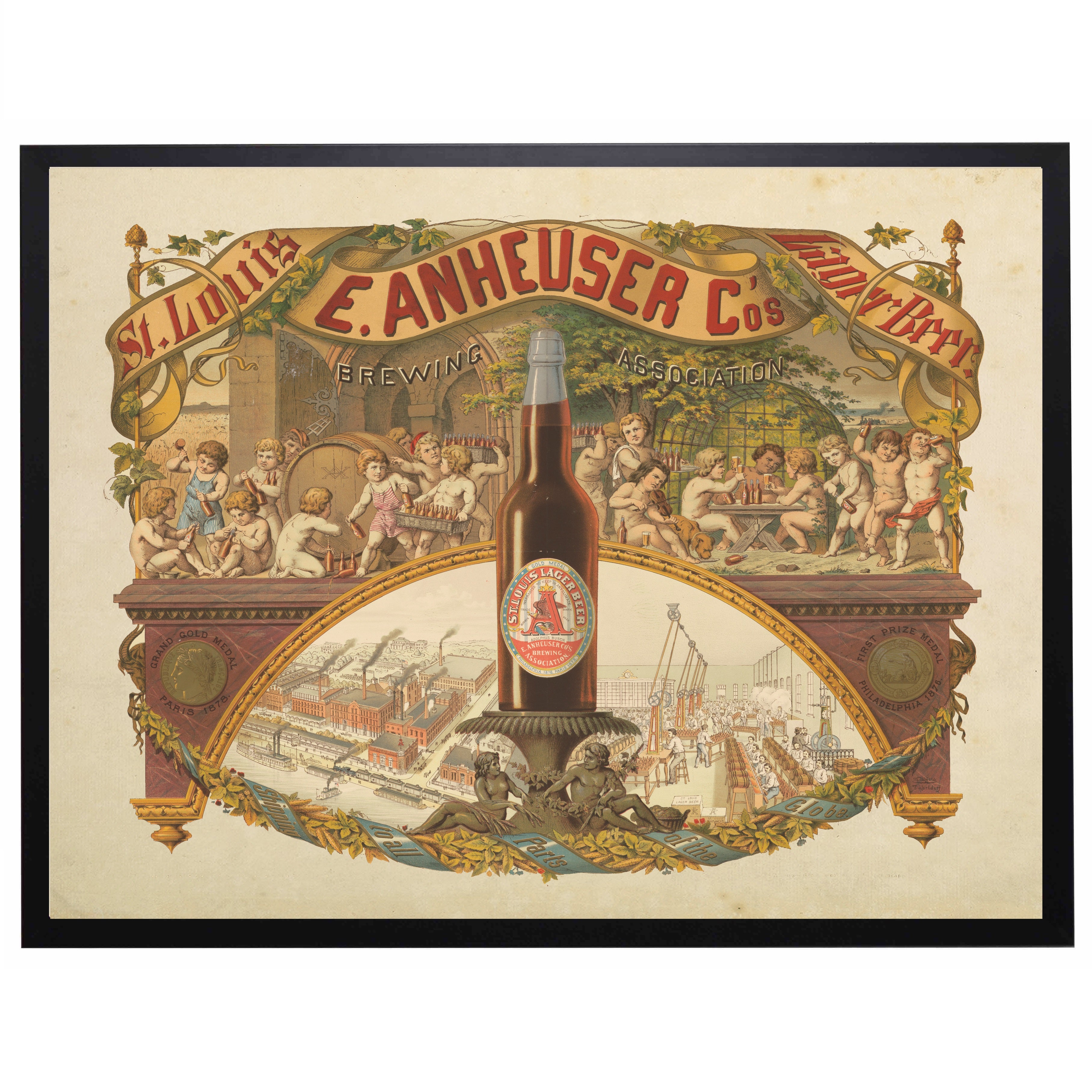 Vintage-style advertisement for E. Anheuser & Co. featuring a beer bottle and decorative elements.