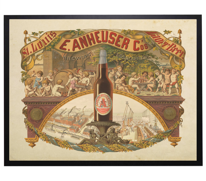 Vintage-style advertisement for E. Anheuser & Co. featuring a beer bottle and decorative elements.