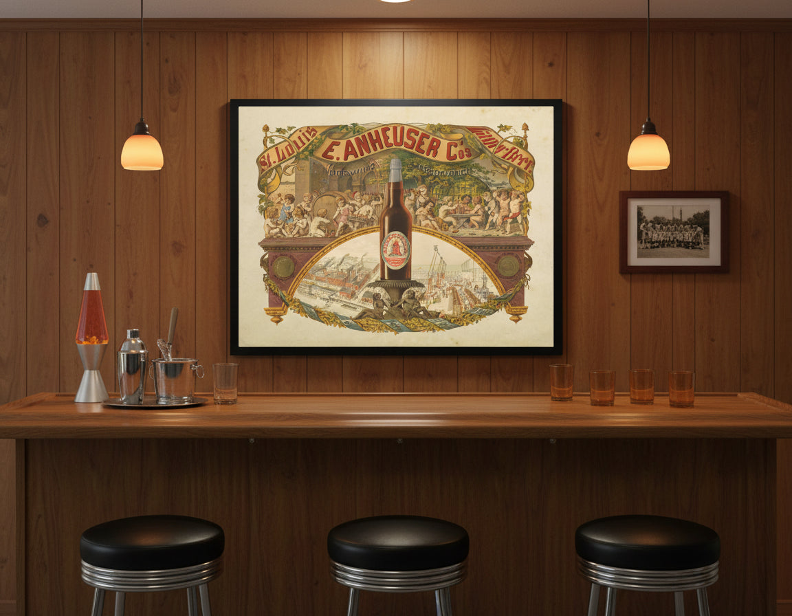 Vintage-style advertisement print for E. Anheuser & Co. Brewing Company with a beer bottle and decorative elements.