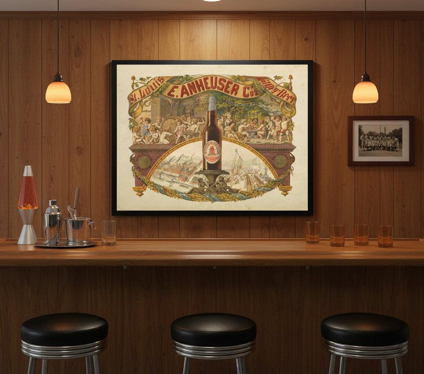 Vintage-style advertisement print for E. Anheuser & Co. Brewing Company with a beer bottle and decorative elements.