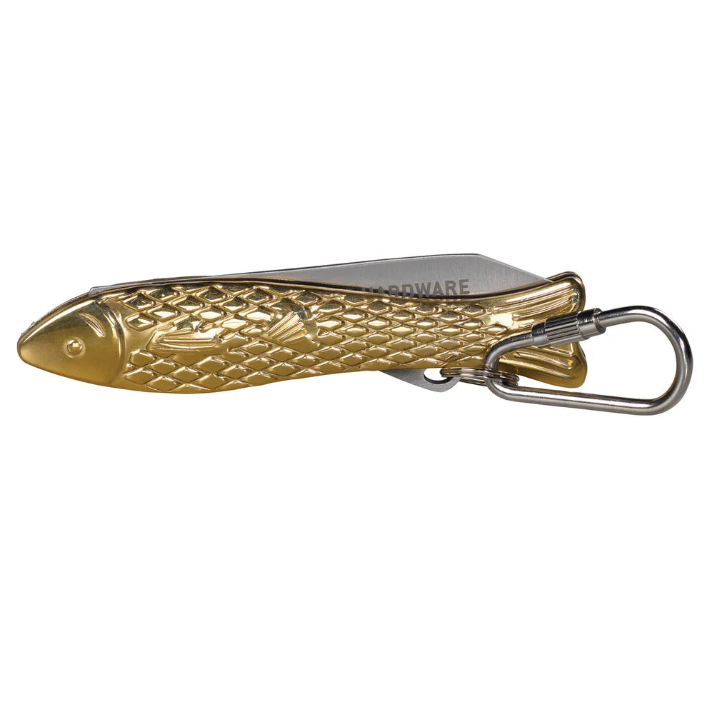 Brass fish-shaped pen knife with a carabiner on a white background