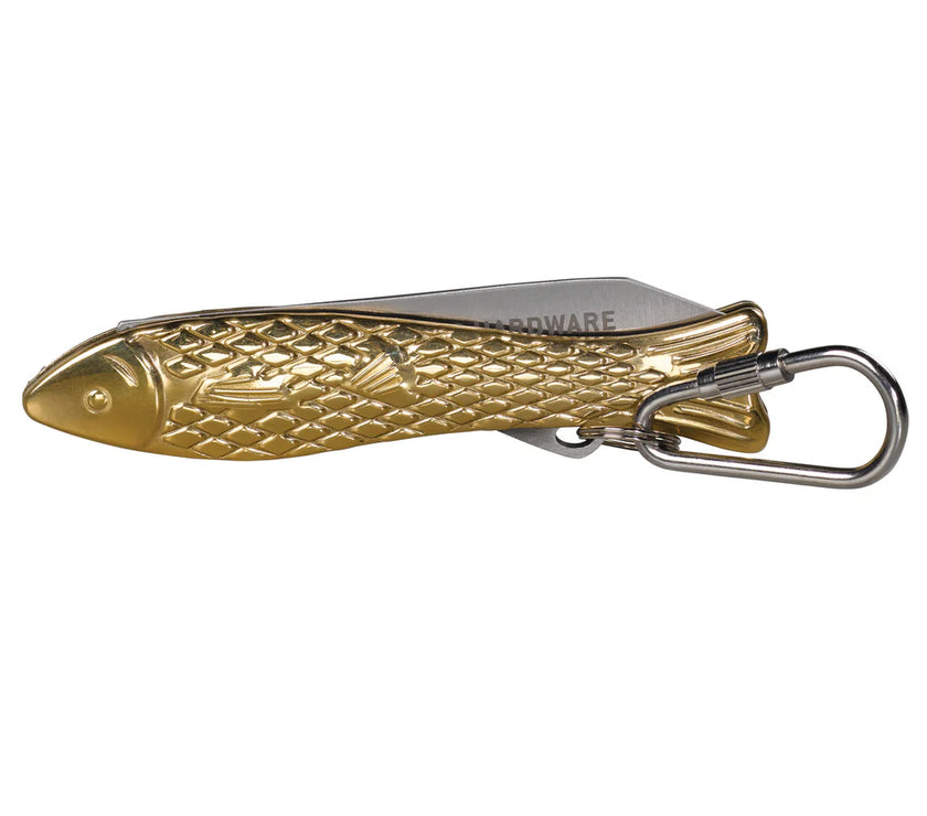 Brass fish-shaped pen knife with a carabiner on a white background
