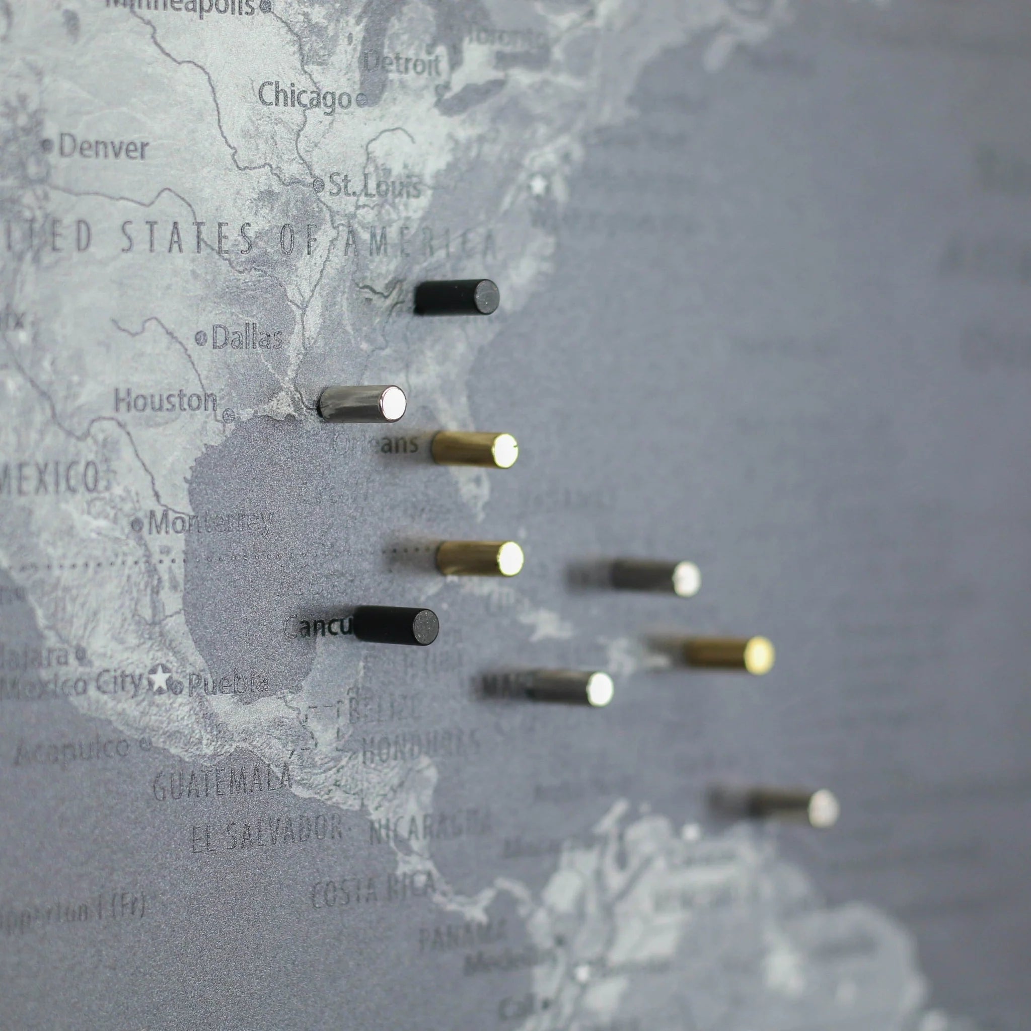Map of the United States with pins marking locations