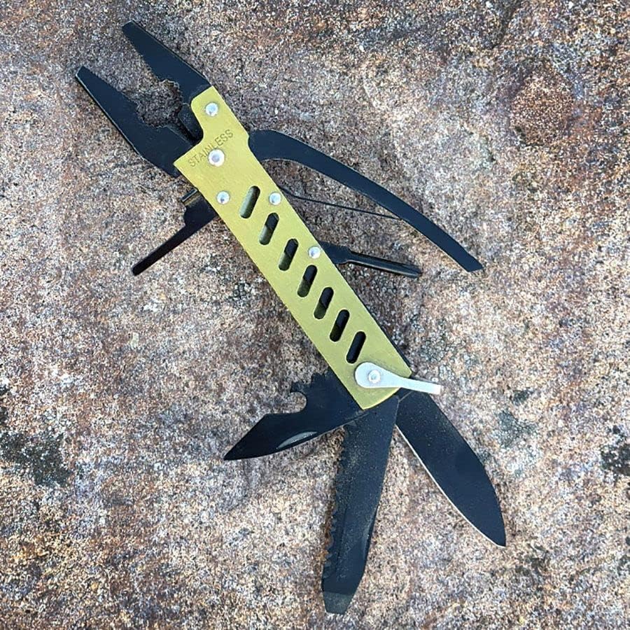 Multitool with knife blade on a textured surface