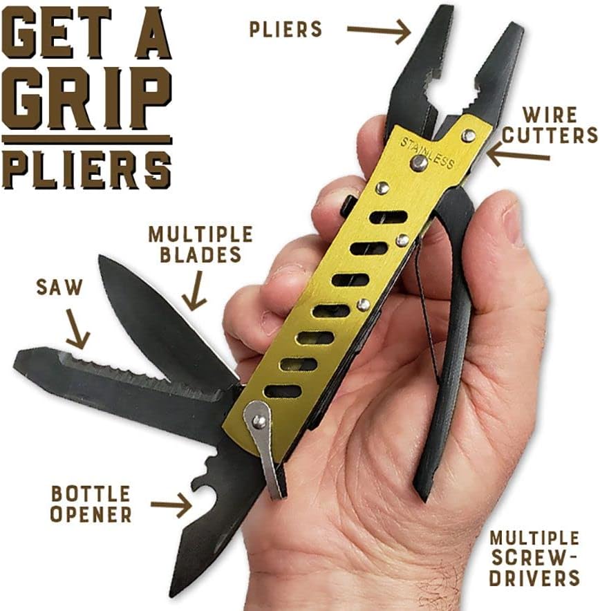 Multitool pliers with various tools labeled held in a hand