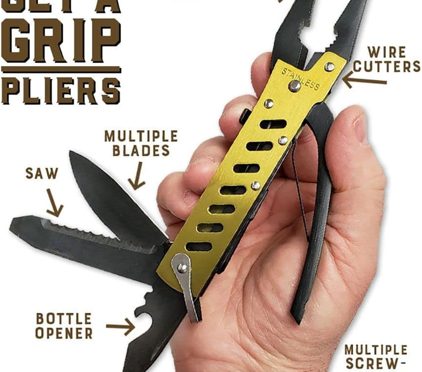 Multitool pliers with various tools labeled held in a hand