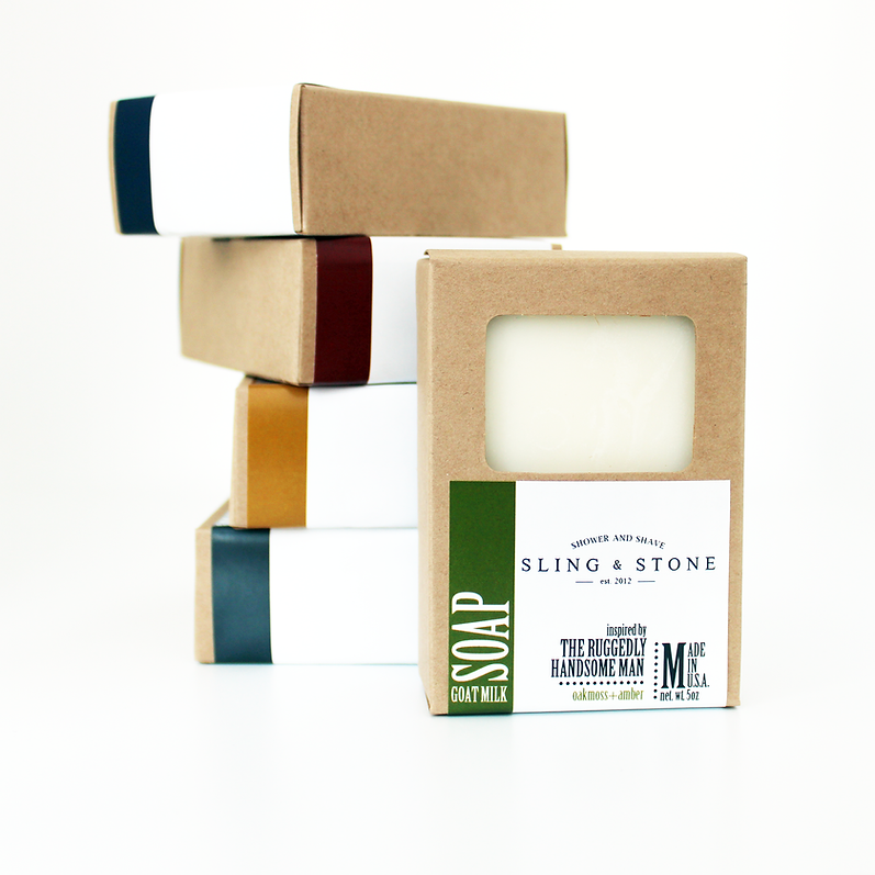 Bar of soap in a cardboard box with 'Sling & Stone' branding on a white background