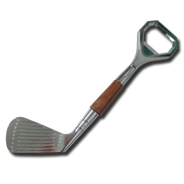 A golf club shaped bottle opener on a white backgroud.