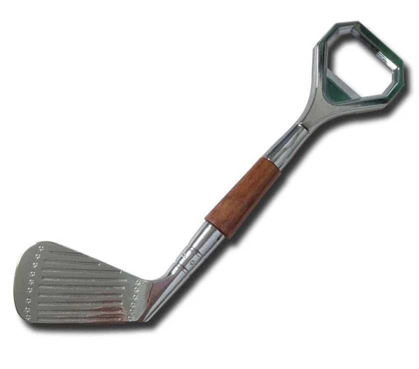 A golf club shaped bottle opener on a white backgroud.