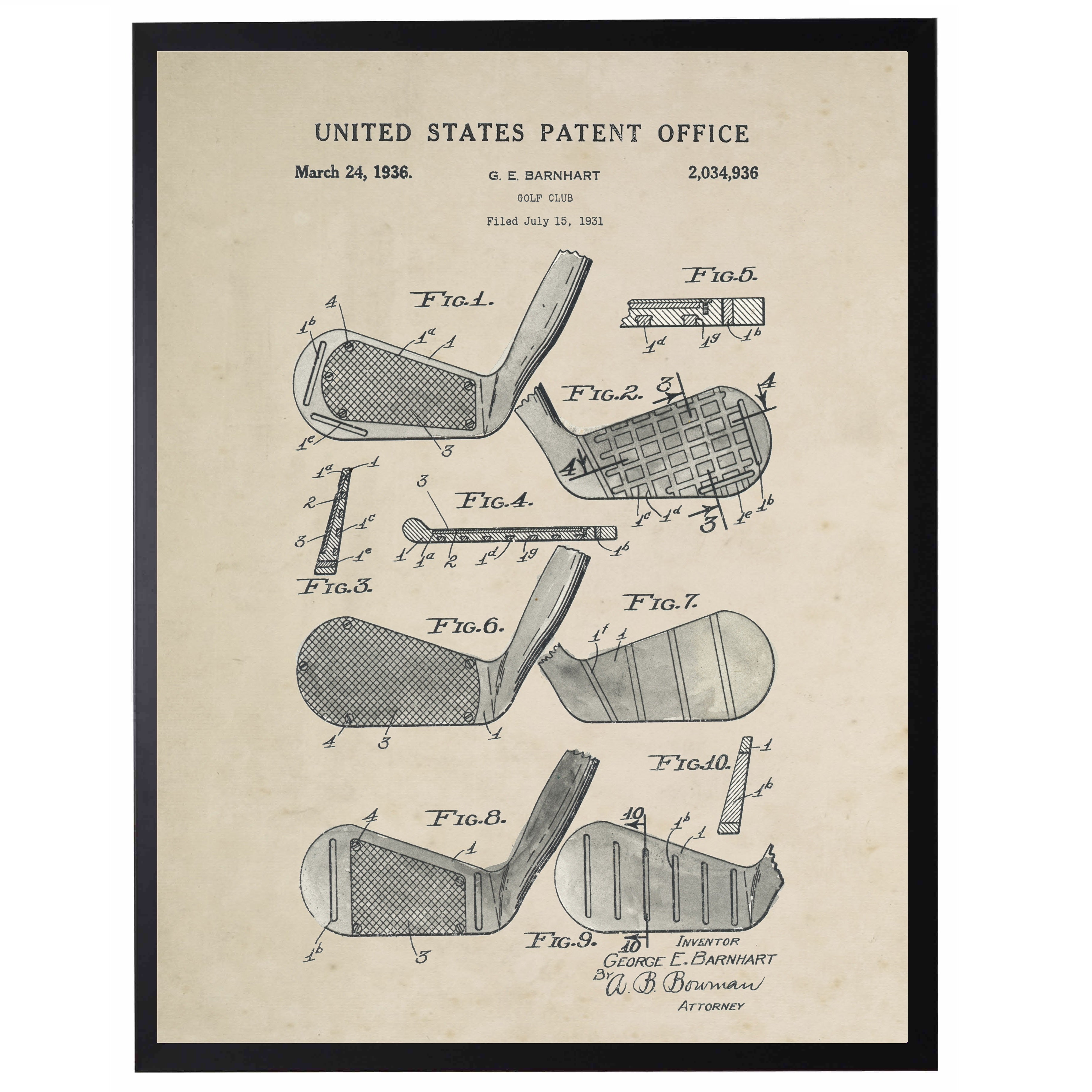 Golf club patent illustration from the United States Patent Office on a beige background