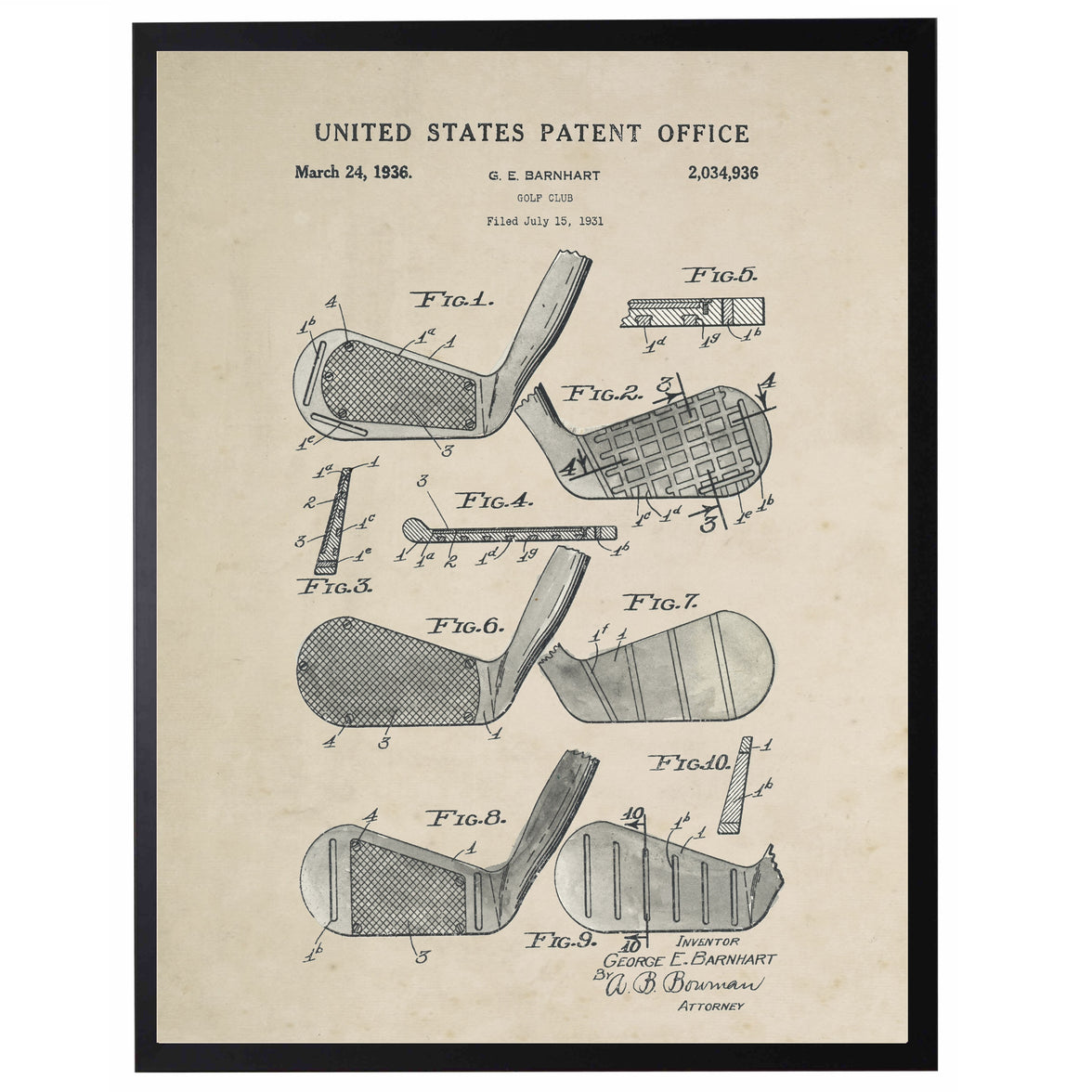Golf club patent illustration from the United States Patent Office on a beige background