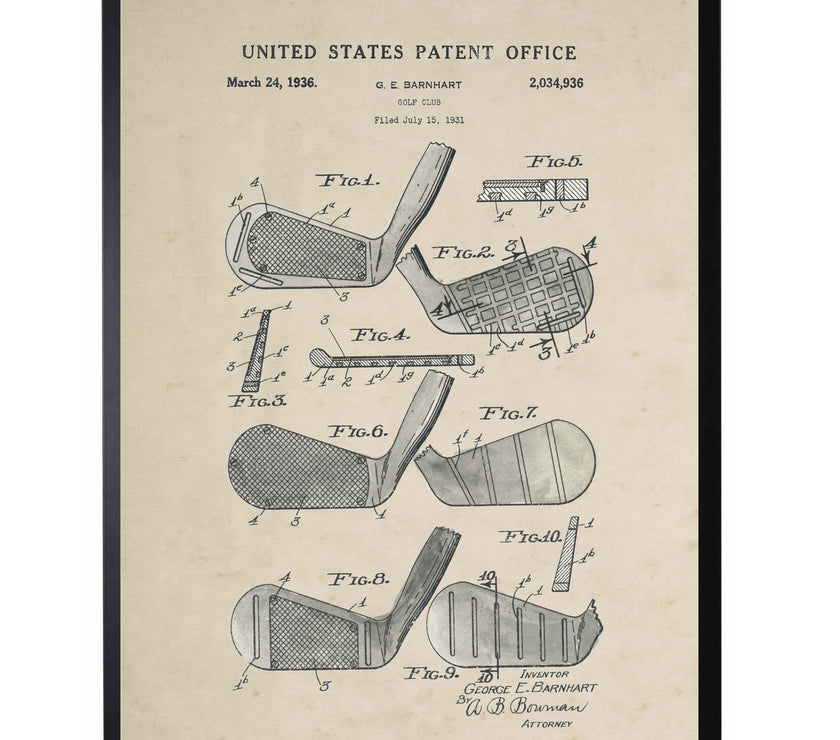 Golf club patent illustration from the United States Patent Office on a beige background