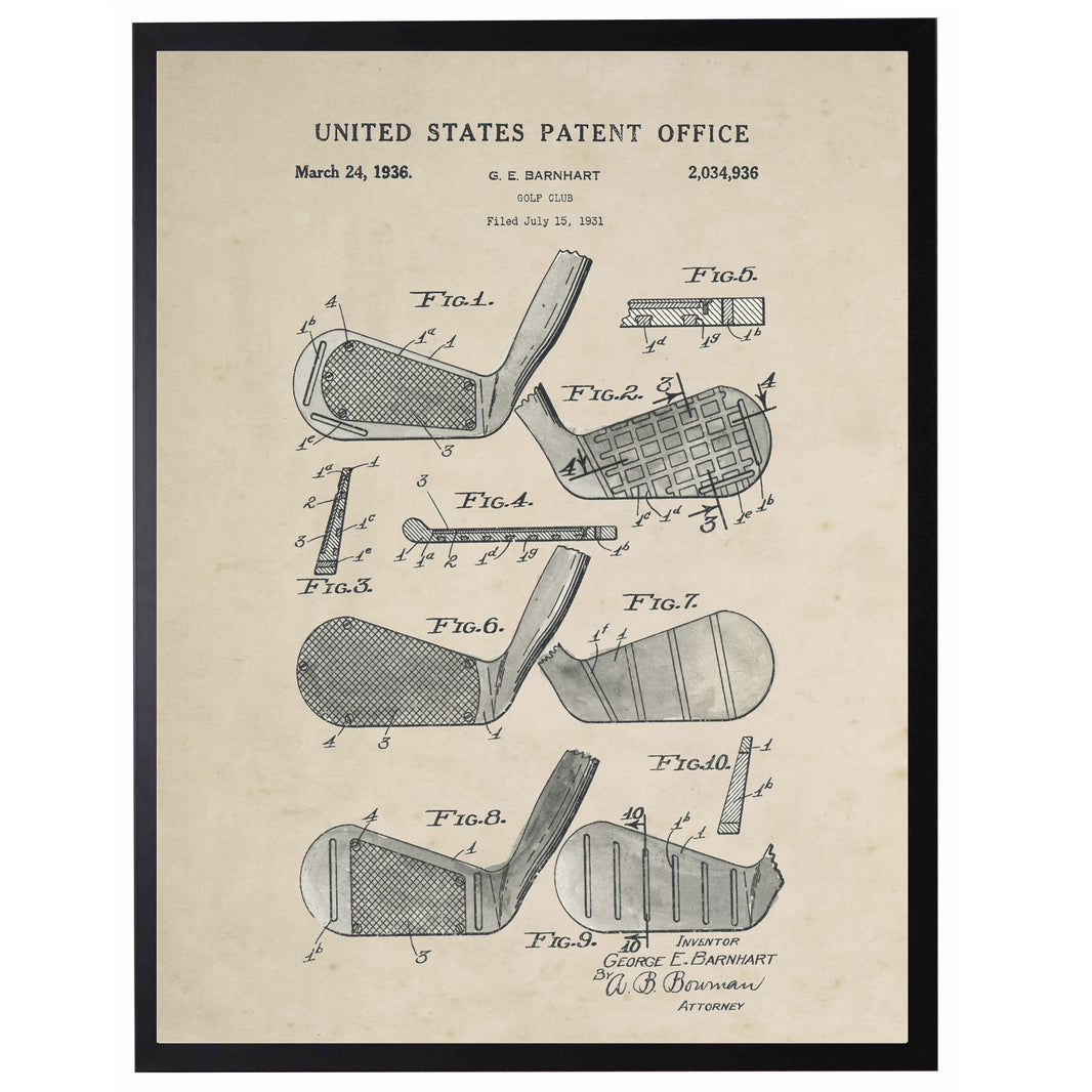 Golf club patent illustration from the United States Patent Office on a beige background
