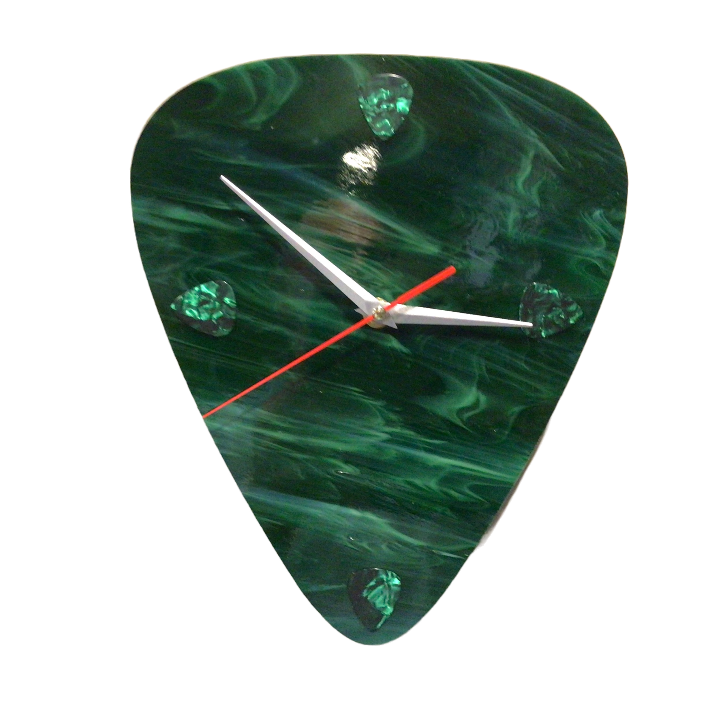 A jade-colored clock made of glass in the shape of a guitar pick