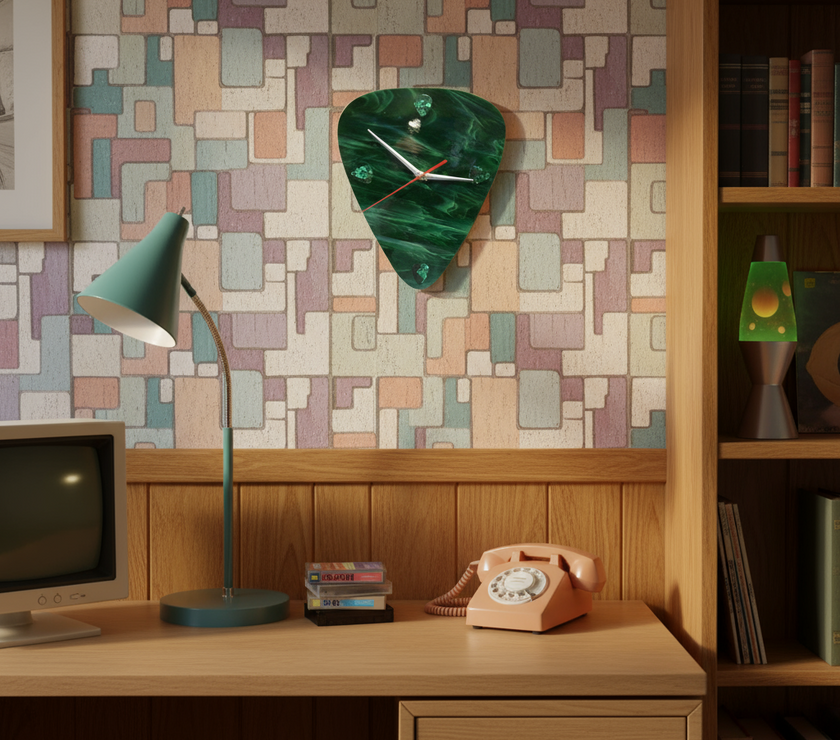 Green Art Glass Guitar Pick Wall Clock